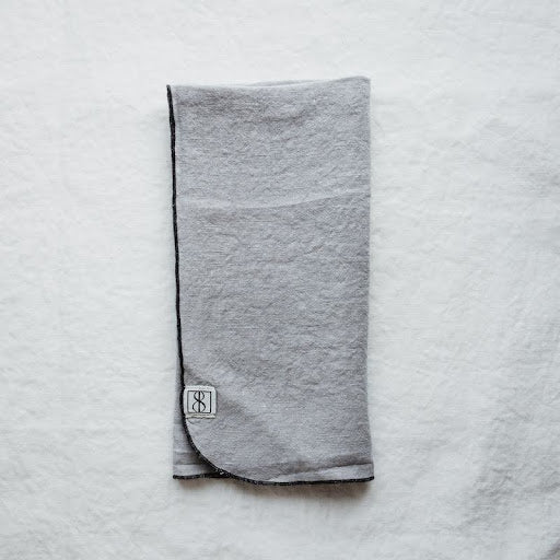 Linen Napkin Set – Mist with Charcoal Bourdon Stitch (S/4)